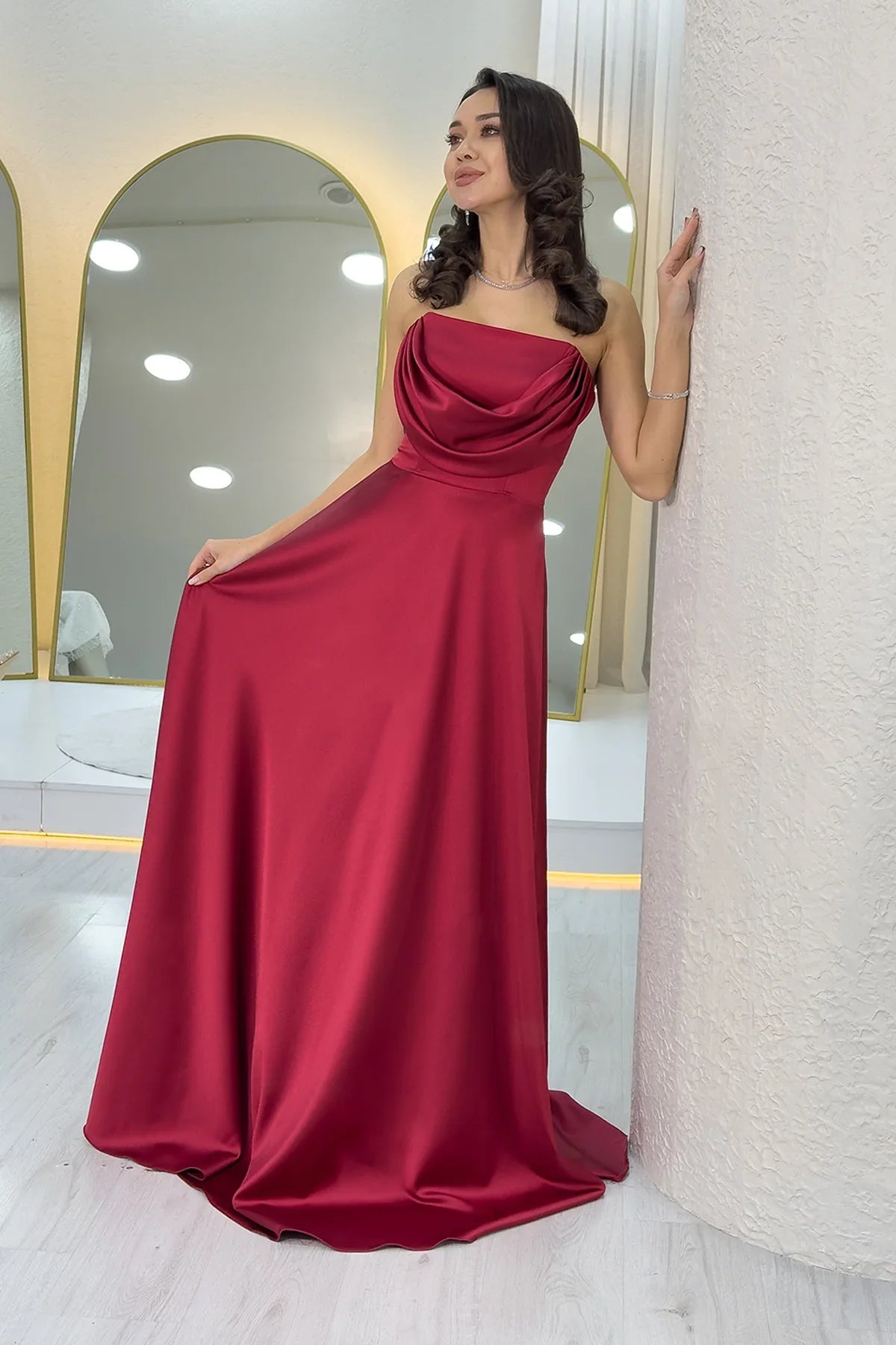 Bordo Straplez Saten Uzun Abiye Elbise 