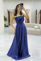 Lacivert Straplez Saten Uzun Abiye Elbise