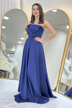 Lacivert Straplez Saten Uzun Abiye Elbise