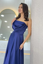 Lacivert Straplez Saten Uzun Abiye Elbise