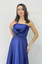 Lacivert Straplez Saten Uzun Abiye Elbise