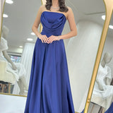 Lacivert Straplez Saten Uzun Abiye Elbise