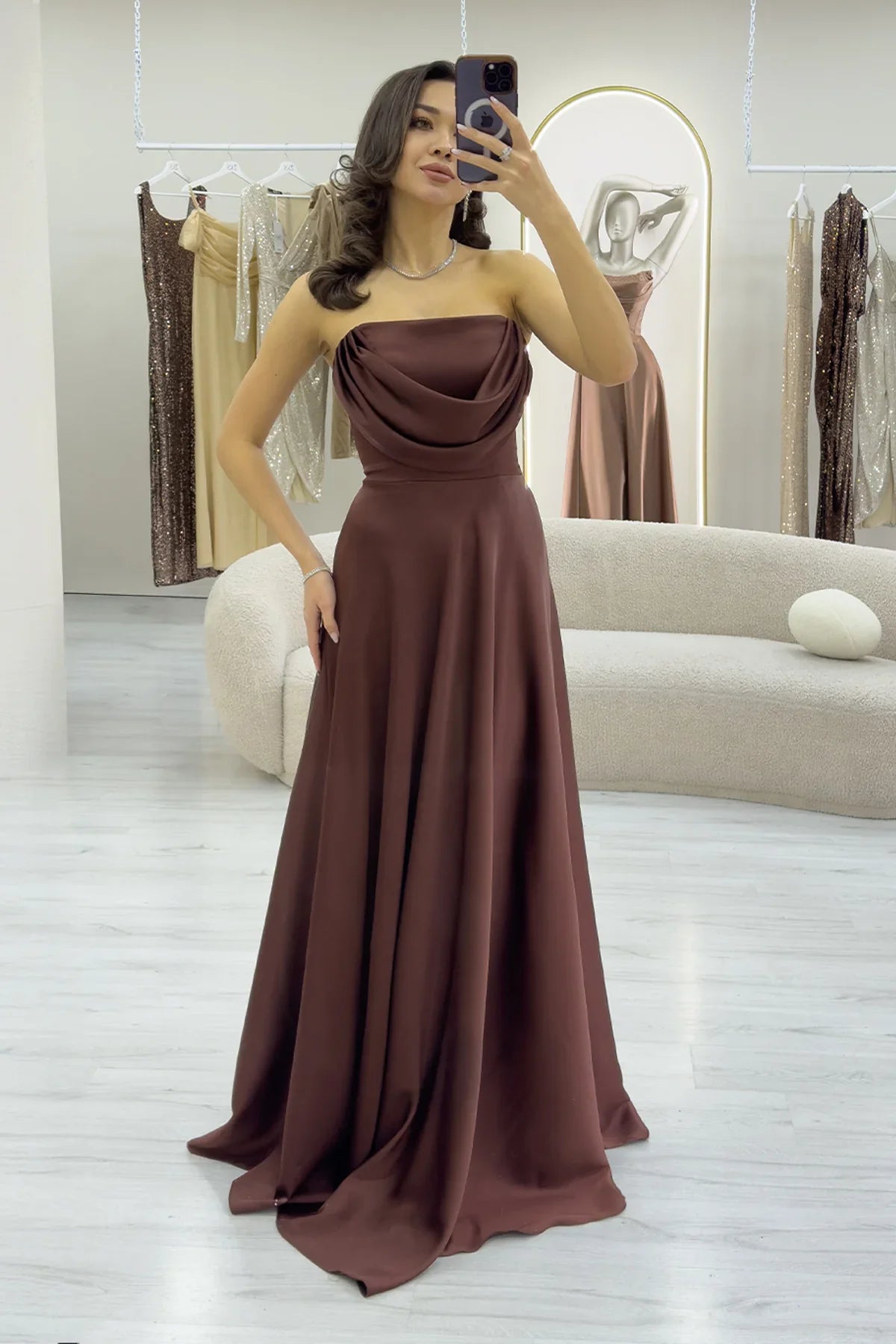 Taba Straplez Saten Uzun Abiye Elbise