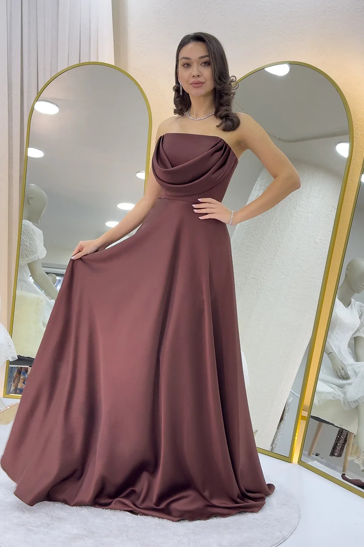 Taba Straplez Saten Uzun Abiye Elbise