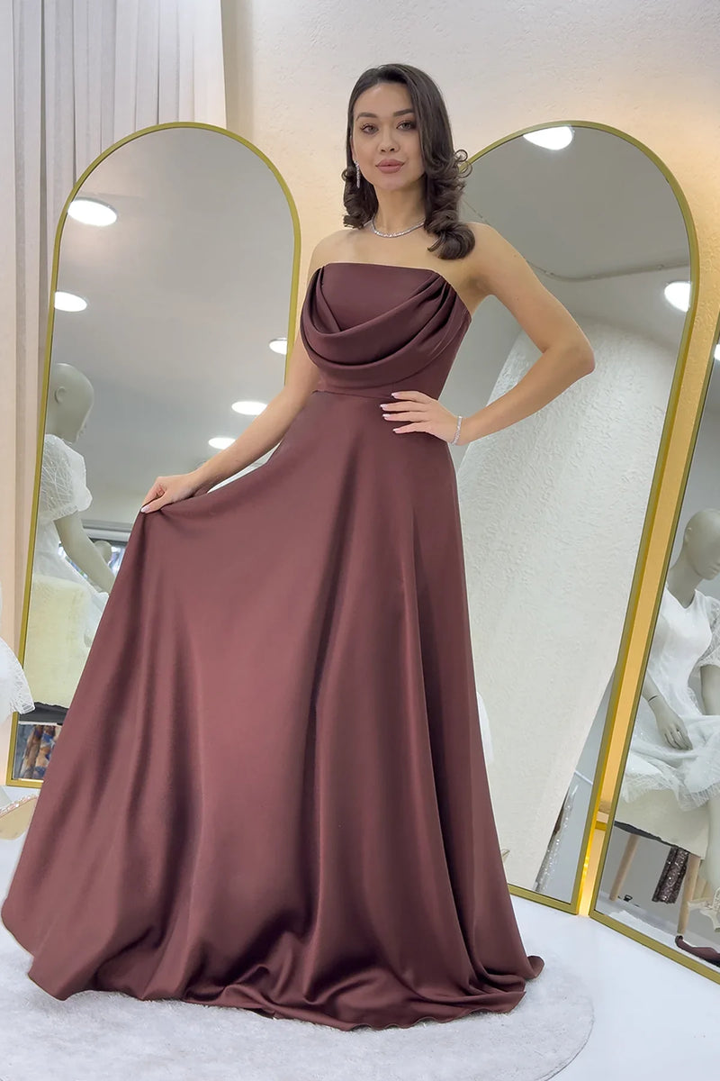 Taba Straplez Saten Uzun Abiye Elbise