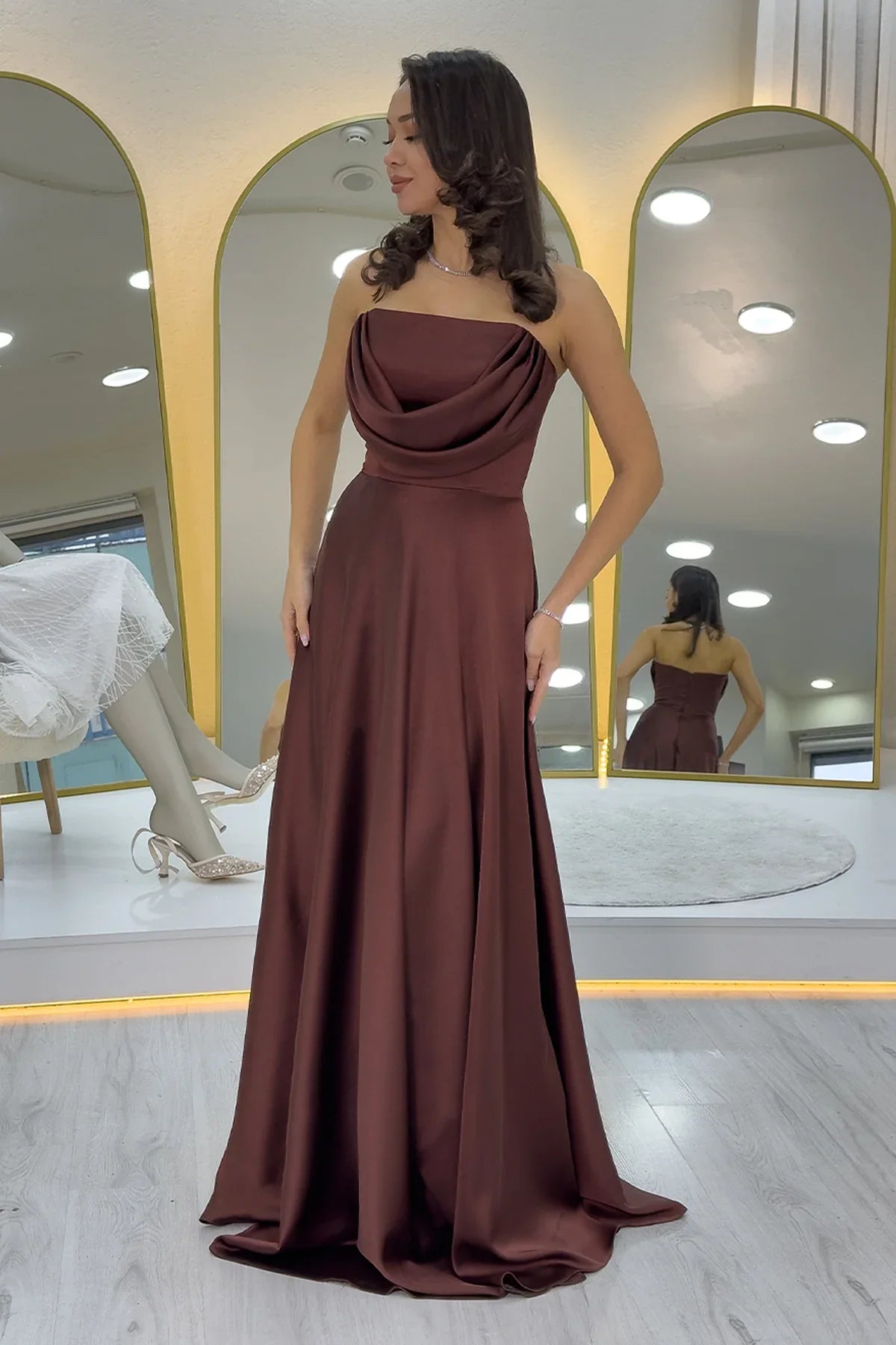 Taba Straplez Saten Uzun Abiye Elbise