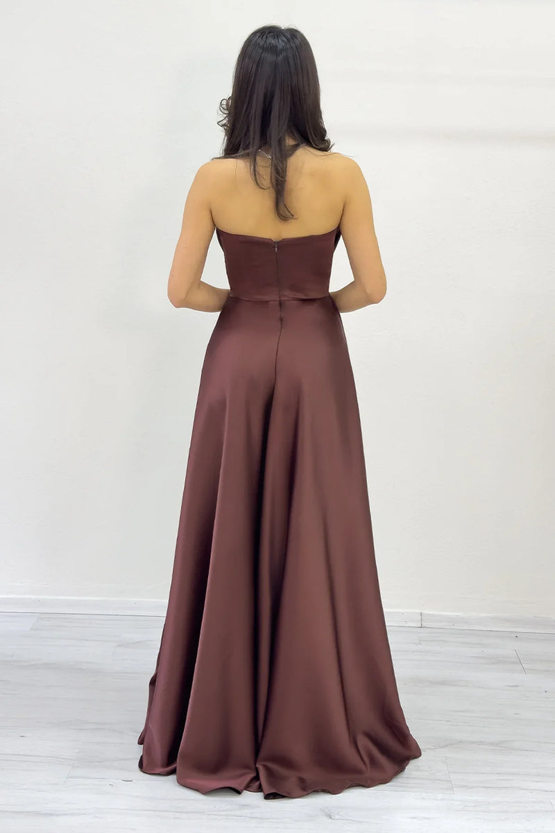 Taba Straplez Saten Uzun Abiye Elbise