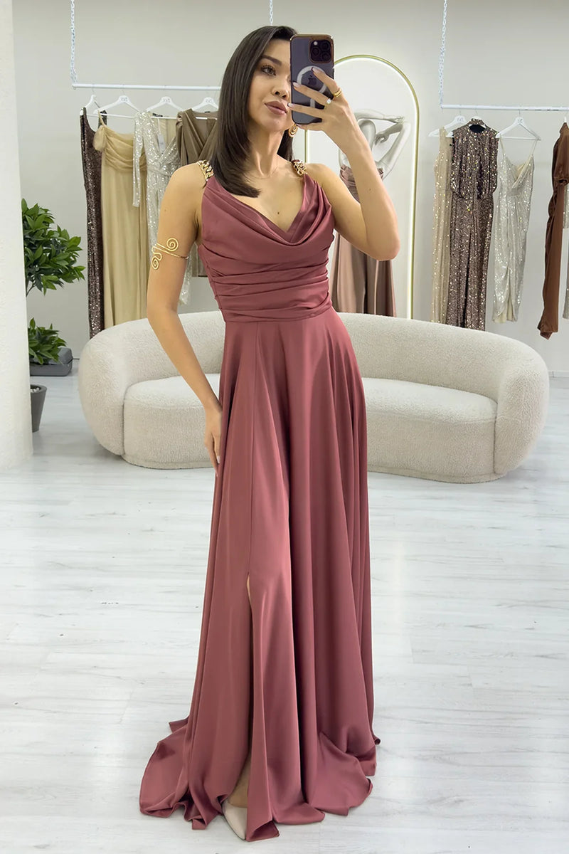 Gül Kurusu Gold Askılı Ön Drapeli Saten Yırtmaçlı Abiye Elbise