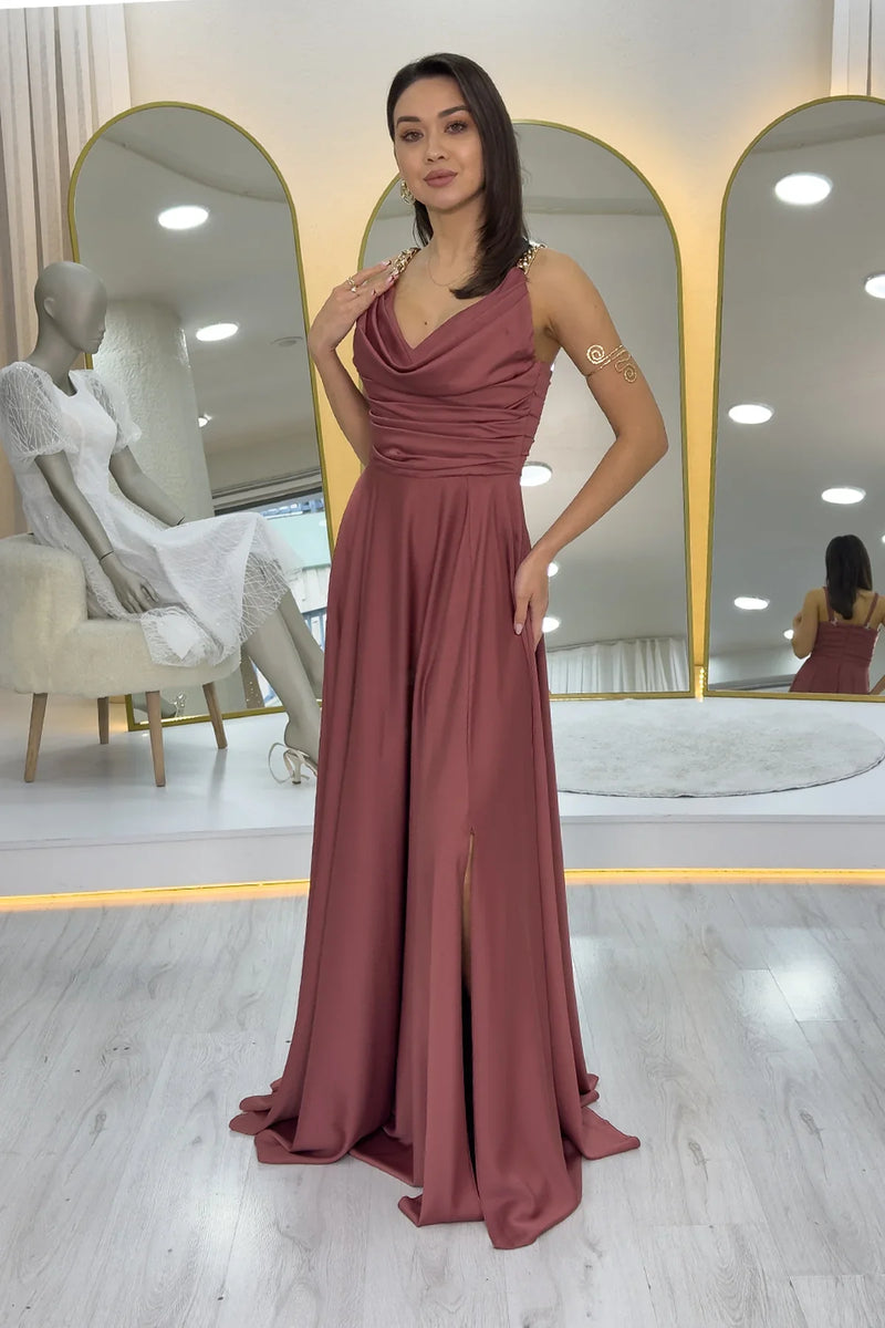 Gül Kurusu Gold Askılı Ön Drapeli Saten Yırtmaçlı Abiye Elbise