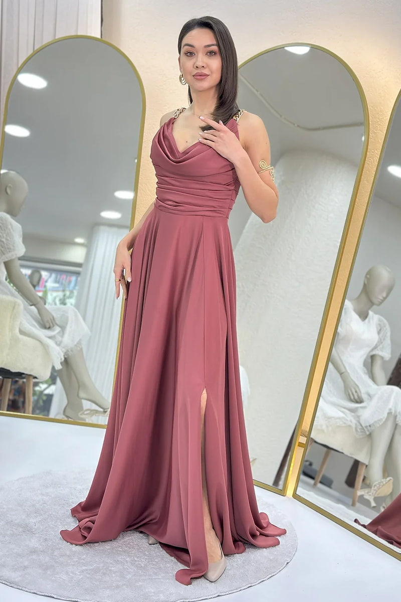 Gül Kurusu Gold Askılı Ön Drapeli Saten Yırtmaçlı Abiye Elbise