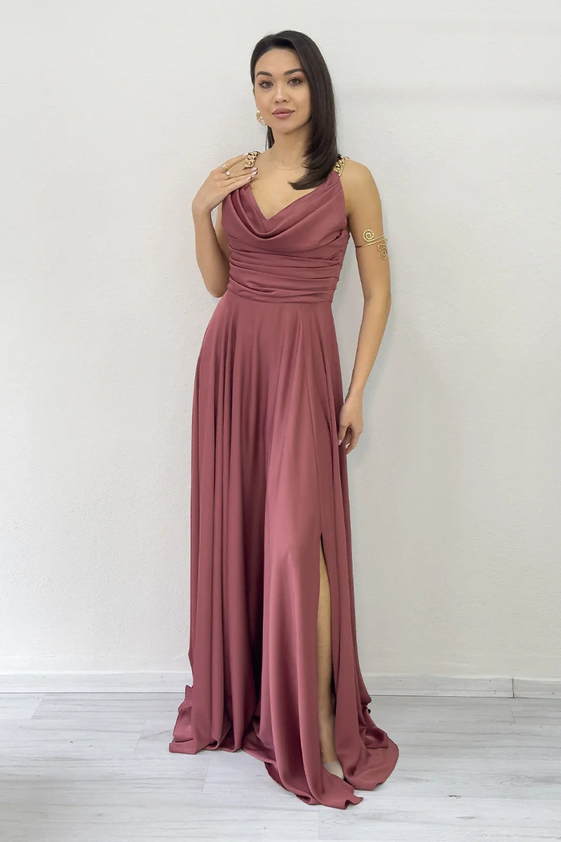 Gül Kurusu Gold Askılı Ön Drapeli Saten Yırtmaçlı Abiye Elbise