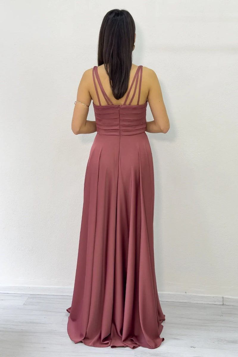 Gül Kurusu Gold Askılı Ön Drapeli Saten Yırtmaçlı Abiye Elbise