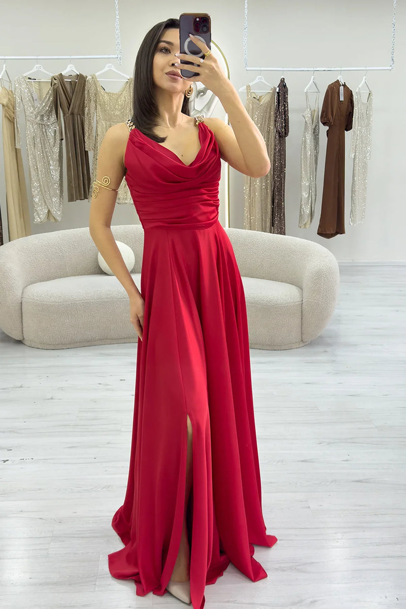 Kırmızı Gold Askılı Ön Drapeli Saten Yırtmaçlı Abiye Elbise