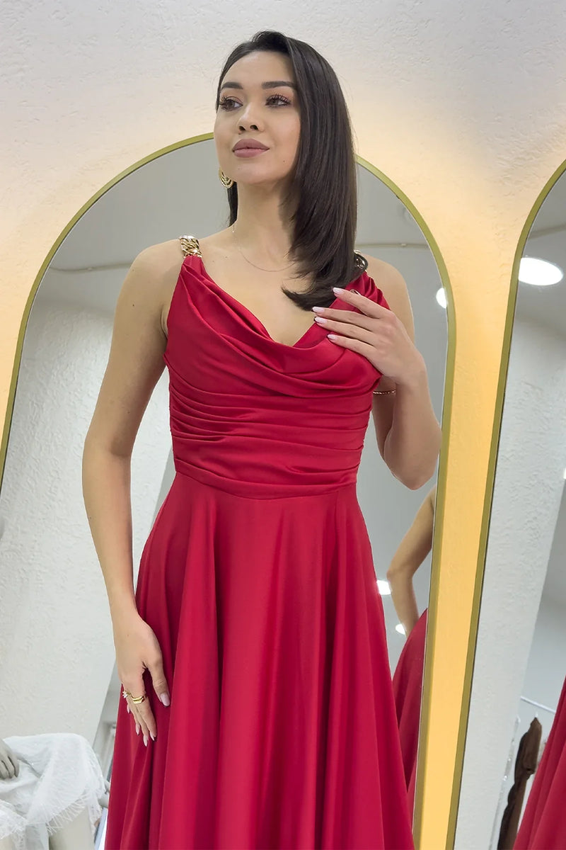 Kırmızı Gold Askılı Ön Drapeli Saten Yırtmaçlı Abiye Elbise