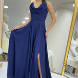 Lacivert Gold Askılı Ön Drapeli Saten Yırtmaçlı Abiye Elbise