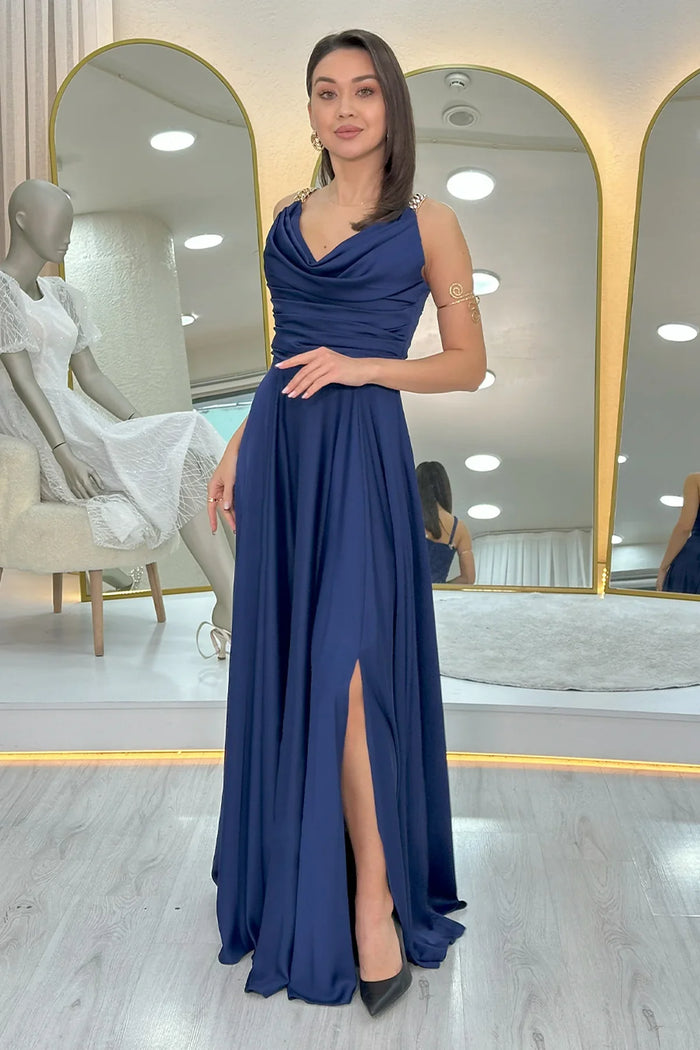 Lacivert Gold Askılı Ön Drapeli Saten Yırtmaçlı Abiye Elbise