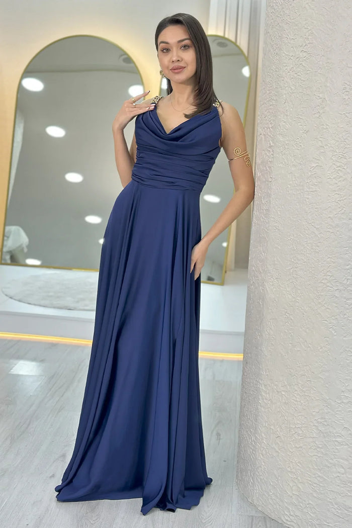 Lacivert Gold Askılı Ön Drapeli Saten Yırtmaçlı Abiye Elbise