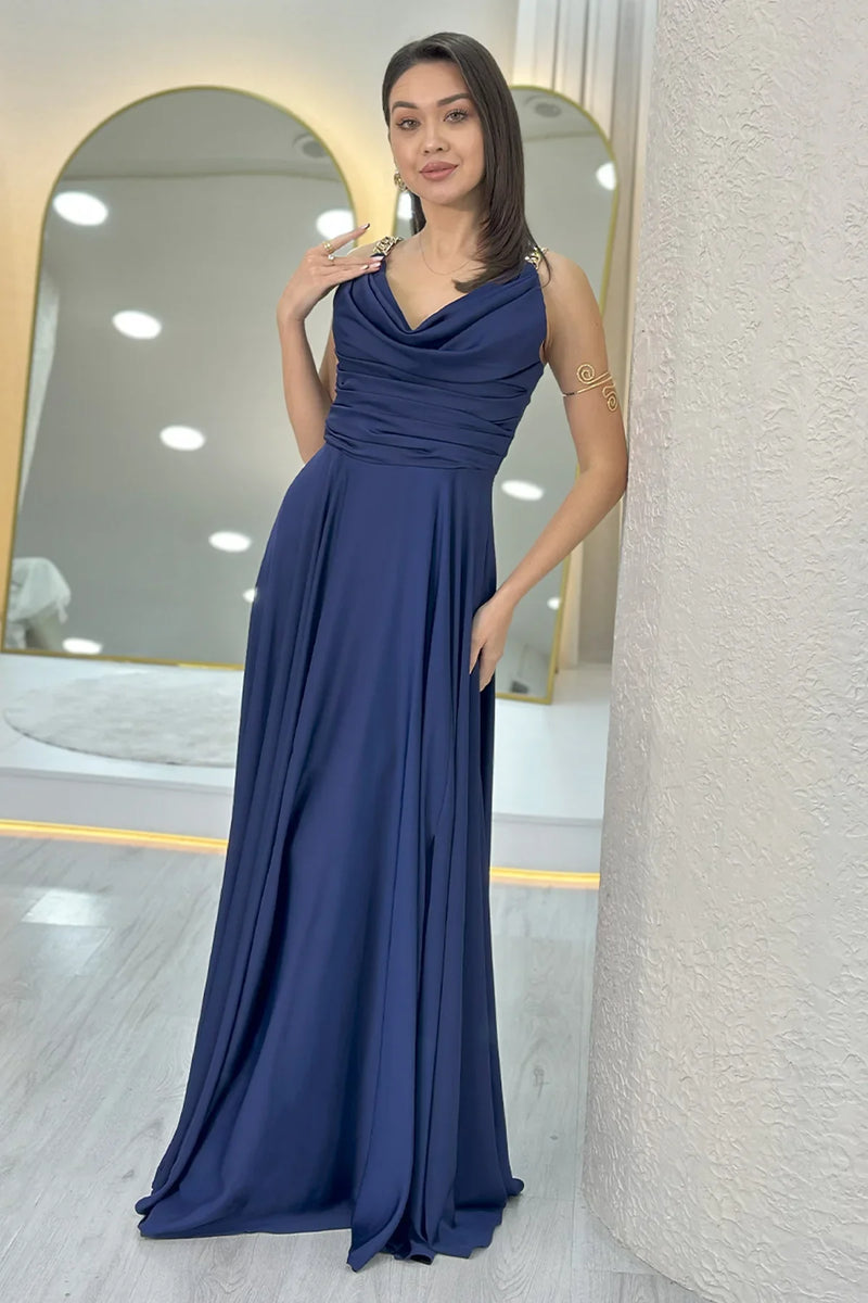 Lacivert Gold Askılı Ön Drapeli Saten Yırtmaçlı Abiye Elbise