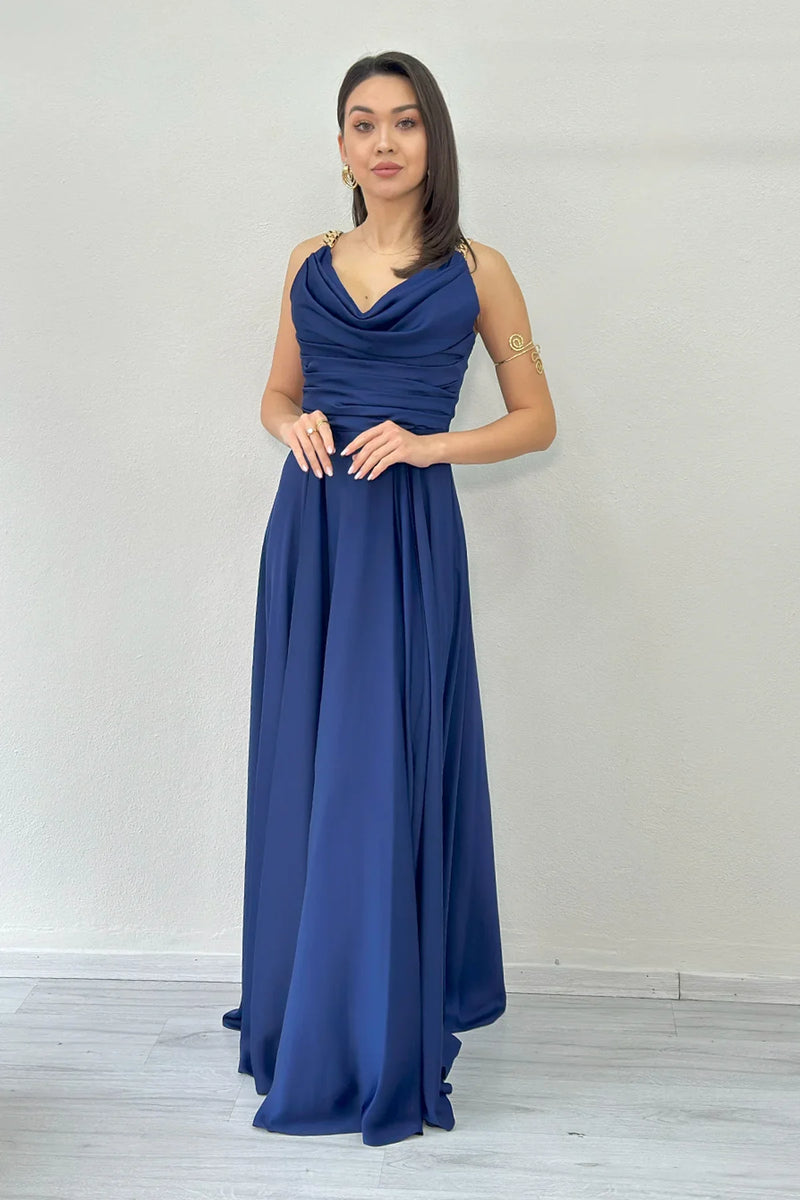 Lacivert Gold Askılı Ön Drapeli Saten Yırtmaçlı Abiye Elbise
