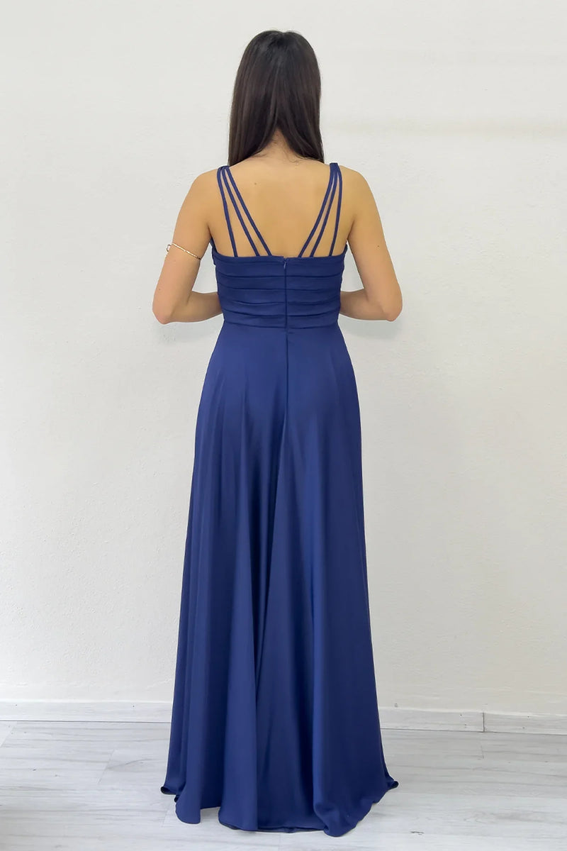 Lacivert Gold Askılı Ön Drapeli Saten Yırtmaçlı Abiye Elbise