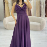 Mor Gold Askılı Ön Drapeli Saten Yırtmaçlı Abiye Elbise