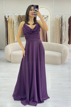 Mor Gold Askılı Ön Drapeli Saten Yırtmaçlı Abiye Elbise