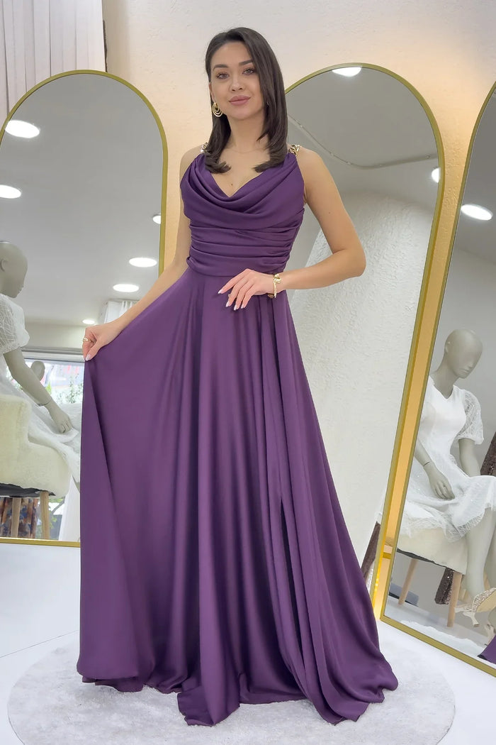 Mor Gold Askılı Ön Drapeli Saten Yırtmaçlı Abiye Elbise