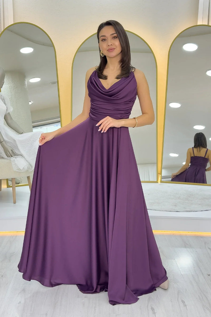 Mor Gold Askılı Ön Drapeli Saten Yırtmaçlı Abiye Elbise