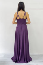 Mor Gold Askılı Ön Drapeli Saten Yırtmaçlı Abiye Elbise