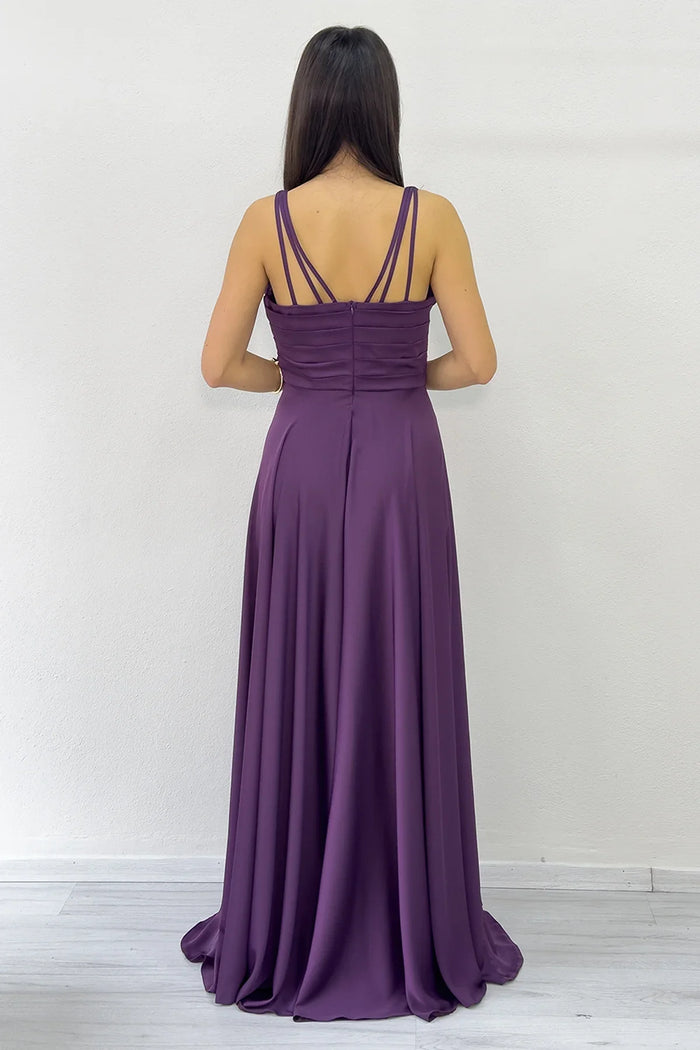 Mor Gold Askılı Ön Drapeli Saten Yırtmaçlı Abiye Elbise