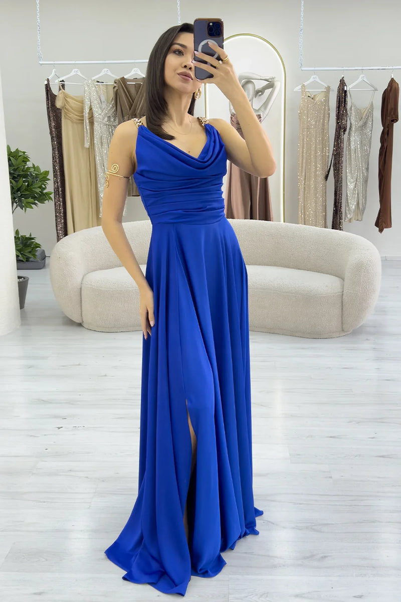 Saks Mavi Gold Askılı Ön Drapeli Saten Yırtmaçlı Abiye Elbise