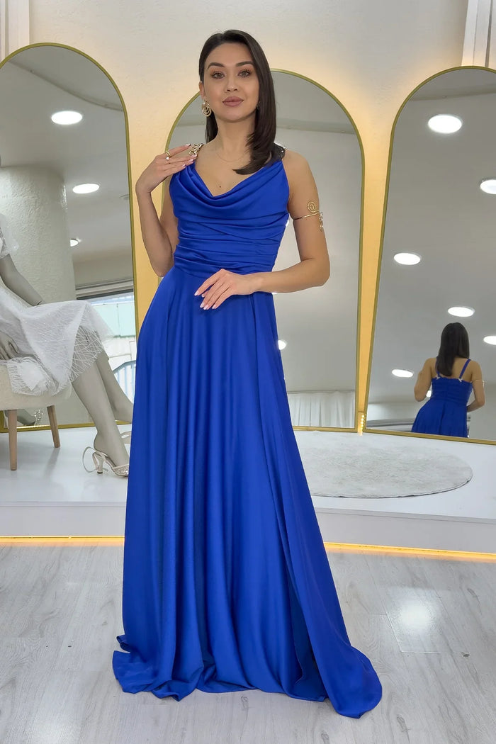 Saks Mavi Gold Askılı Ön Drapeli Saten Yırtmaçlı Abiye Elbise