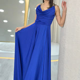 Saks Mavi Gold Askılı Ön Drapeli Saten Yırtmaçlı Abiye Elbise