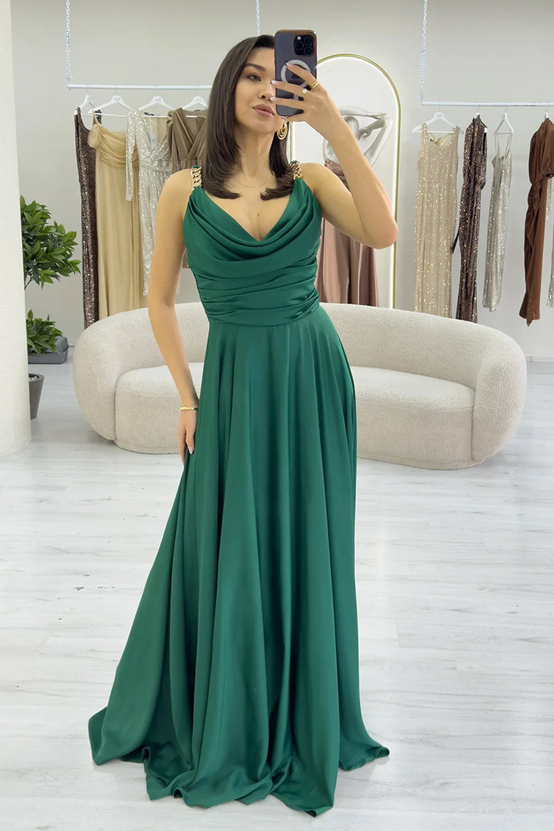 Yeşil Gold Askılı Ön Drapeli Saten Yırtmaçlı Abiye Elbise