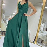 Yeşil Gold Askılı Ön Drapeli Saten Yırtmaçlı Abiye Elbise