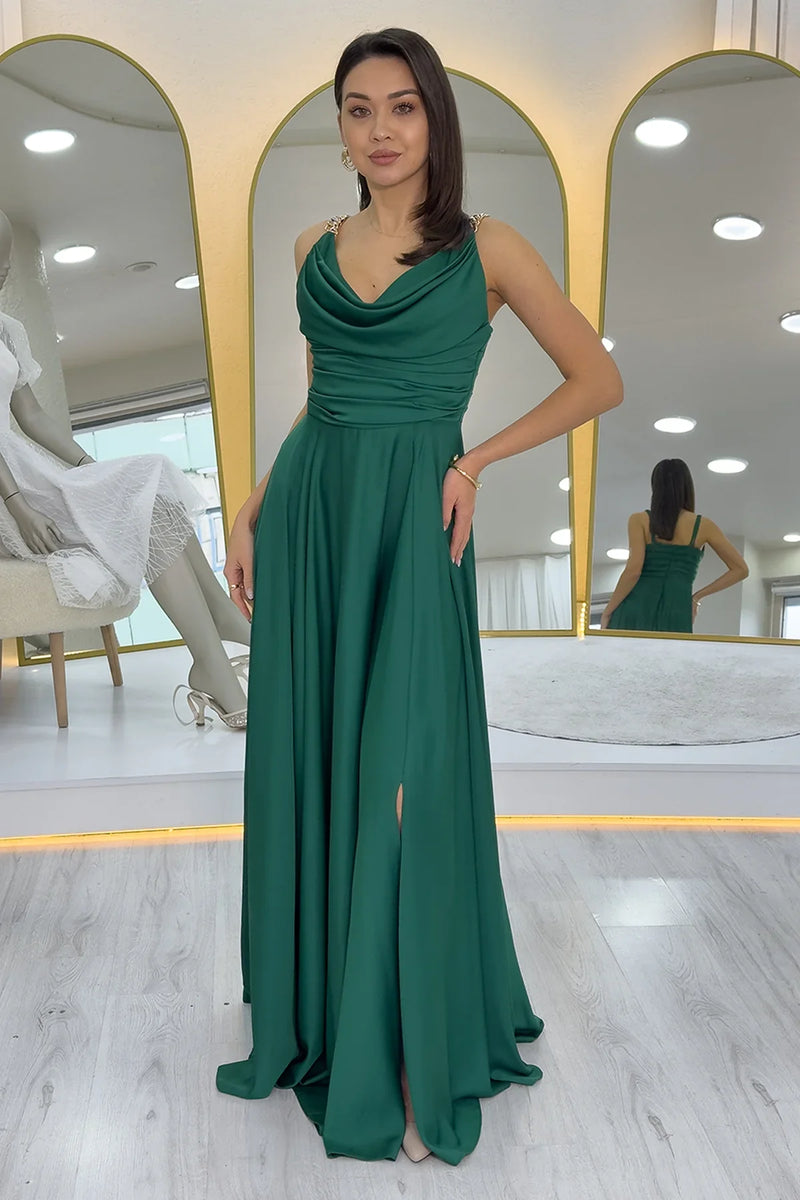 Yeşil Gold Askılı Ön Drapeli Saten Yırtmaçlı Abiye Elbise