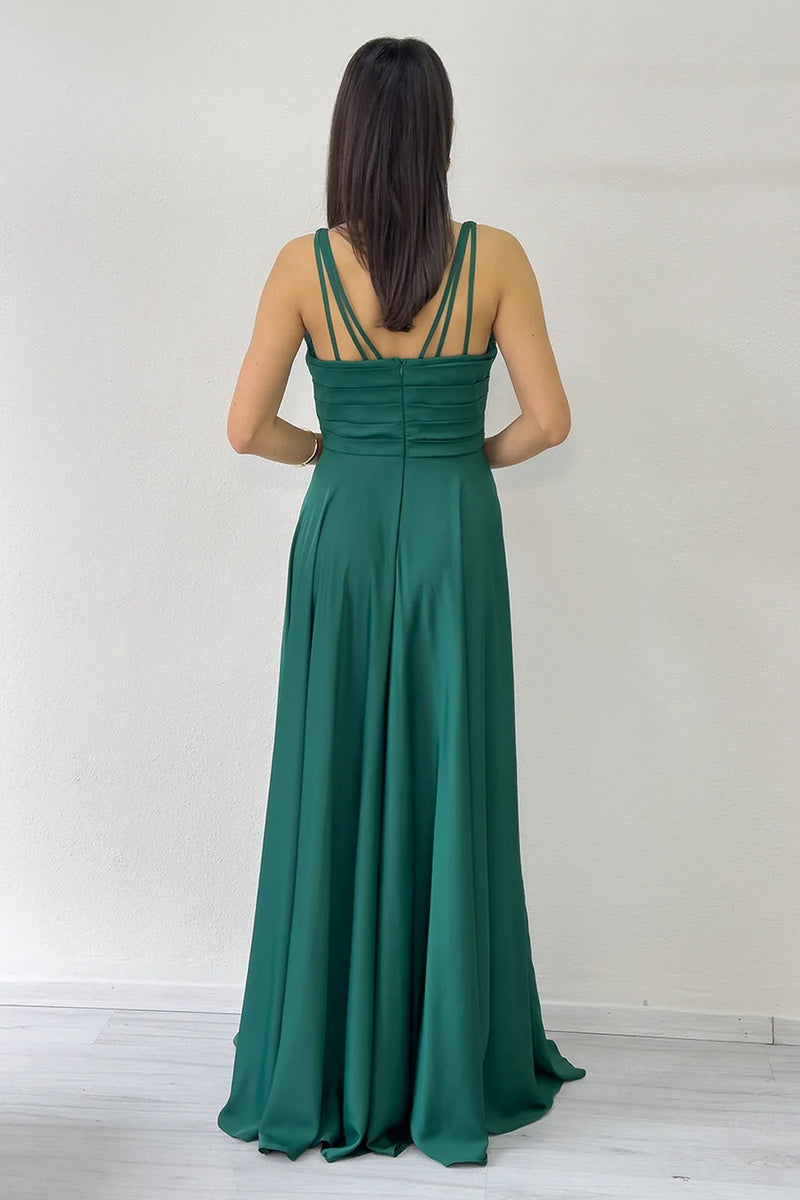 Yeşil Gold Askılı Ön Drapeli Saten Yırtmaçlı Abiye Elbise