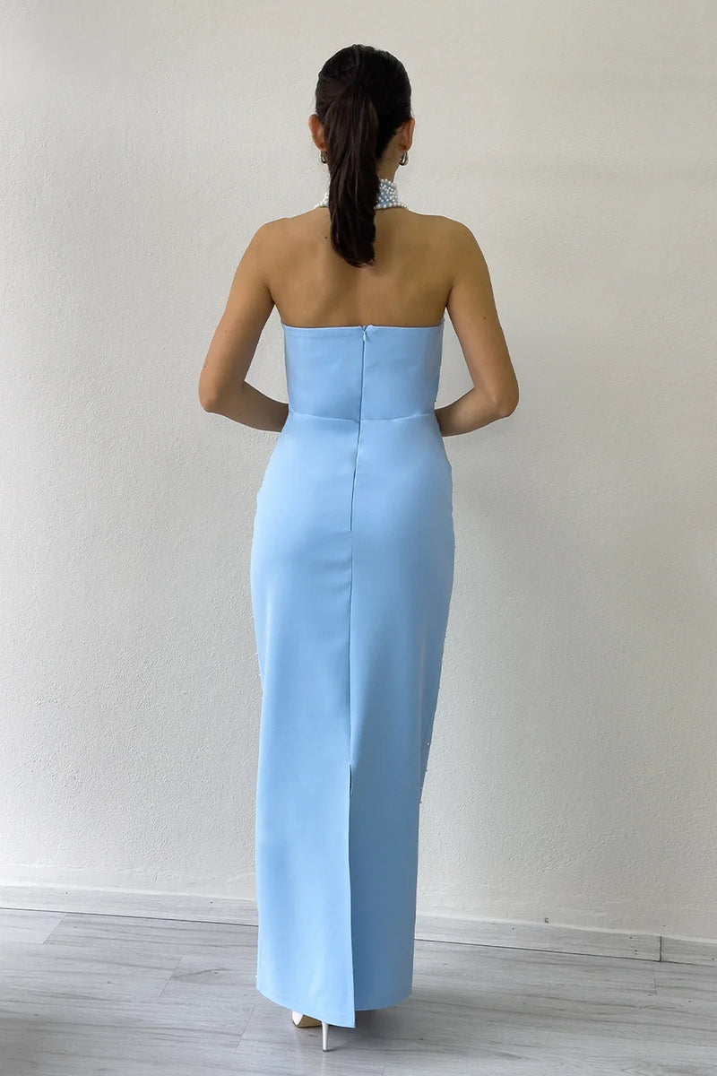 Kadın Bebe Mavi İncili Halter Yaka Abiye Elbise 