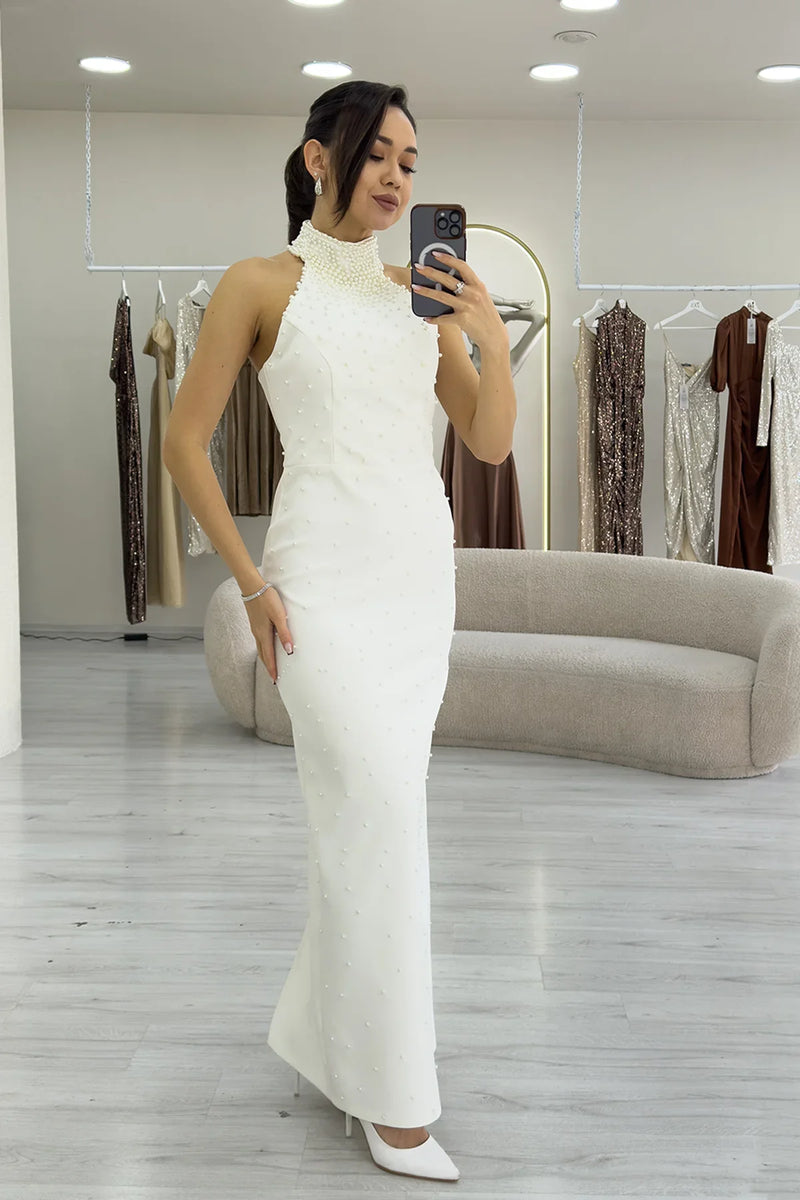 Kadın Beyaz İncili Halter Yaka Nikah Abiye Elbise 