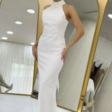 Kadın Beyaz İncili Halter Yaka Nikah Abiye Elbise