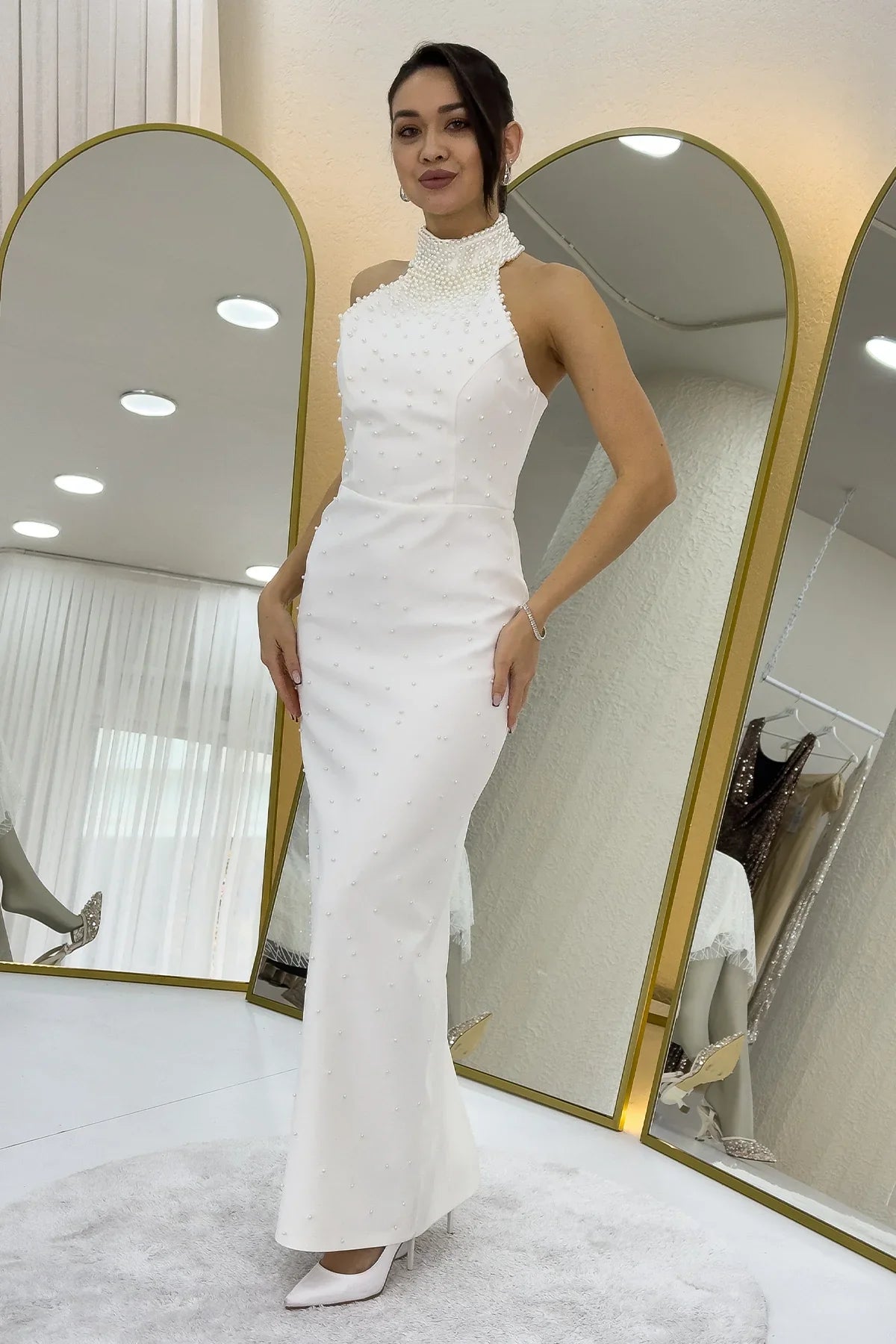 Kadın Beyaz İncili Halter Yaka Nikah Abiye Elbise 