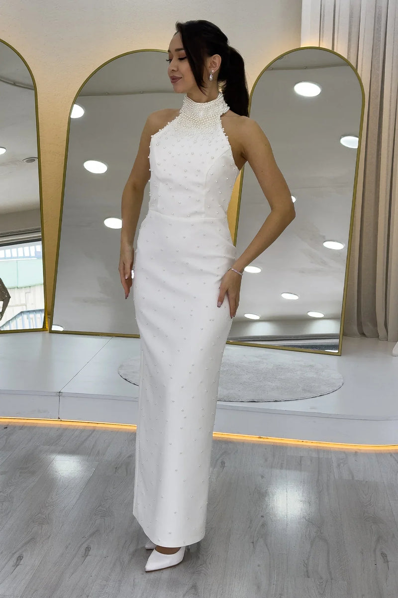 Kadın Beyaz İncili Halter Yaka Nikah Abiye Elbise 