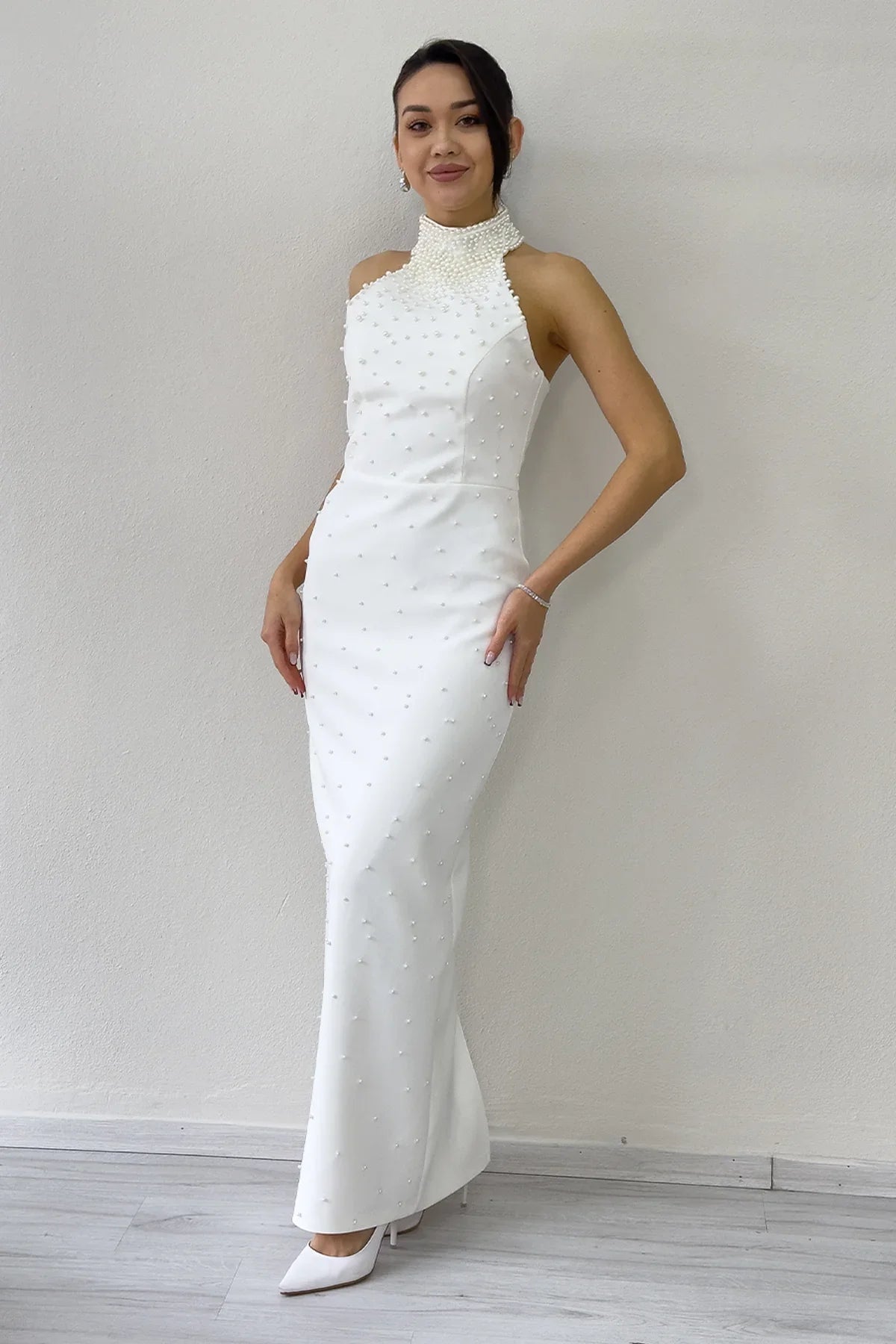 Kadın Beyaz İncili Halter Yaka Nikah Abiye Elbise 