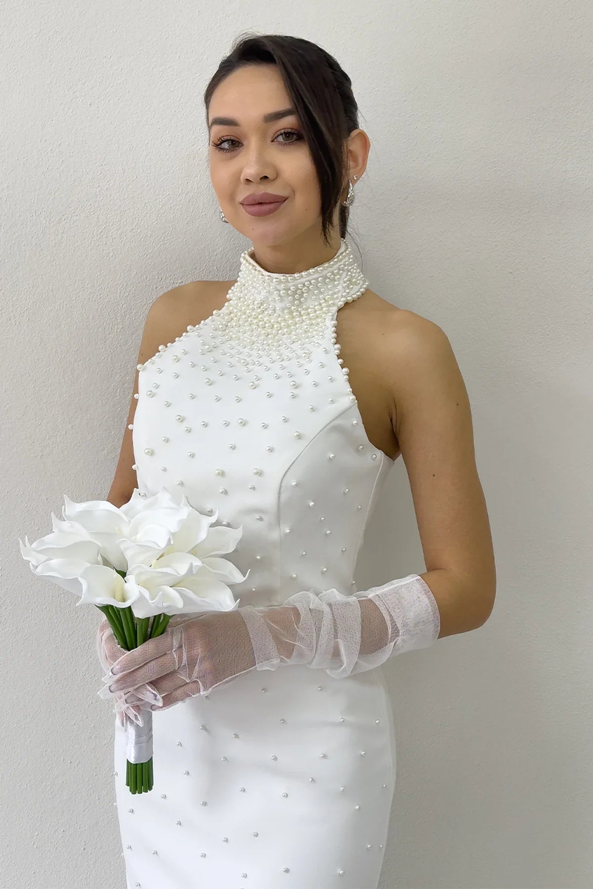 Kadın Beyaz İncili Halter Yaka Nikah Abiye Elbise 