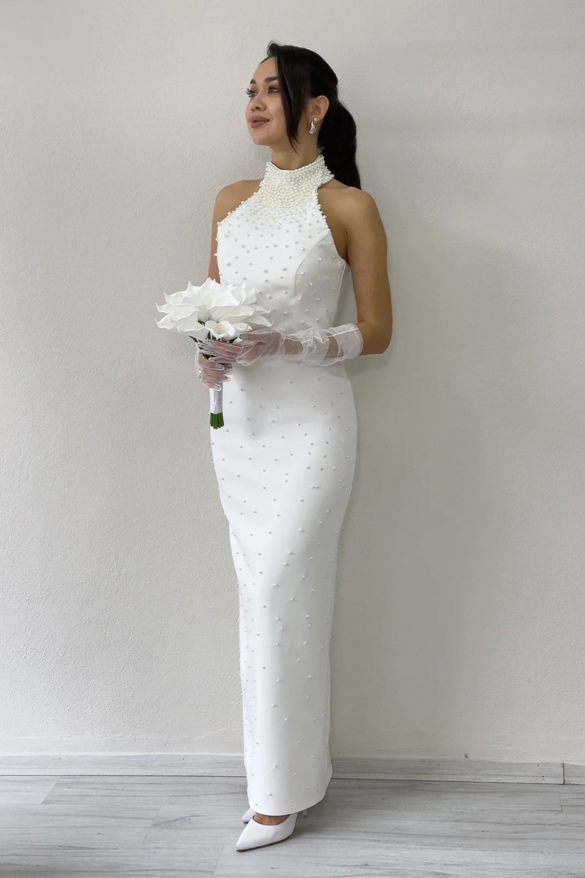 Kadın Beyaz İncili Halter Yaka Nikah Abiye Elbise 