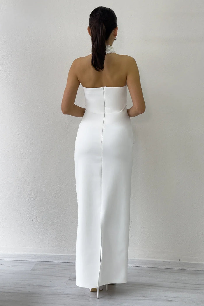 Kadın Beyaz İncili Halter Yaka Nikah Abiye Elbise 