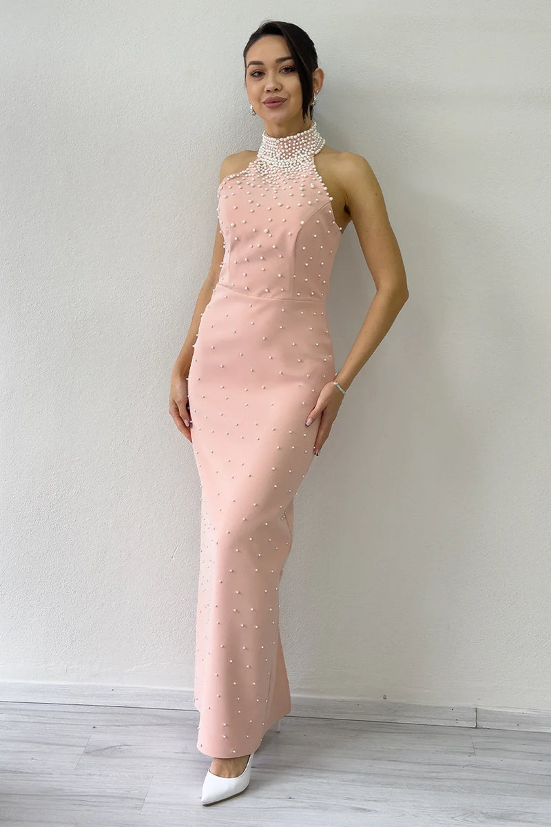 Kadın Pudra İncili Halter Yaka Abiye Elbise