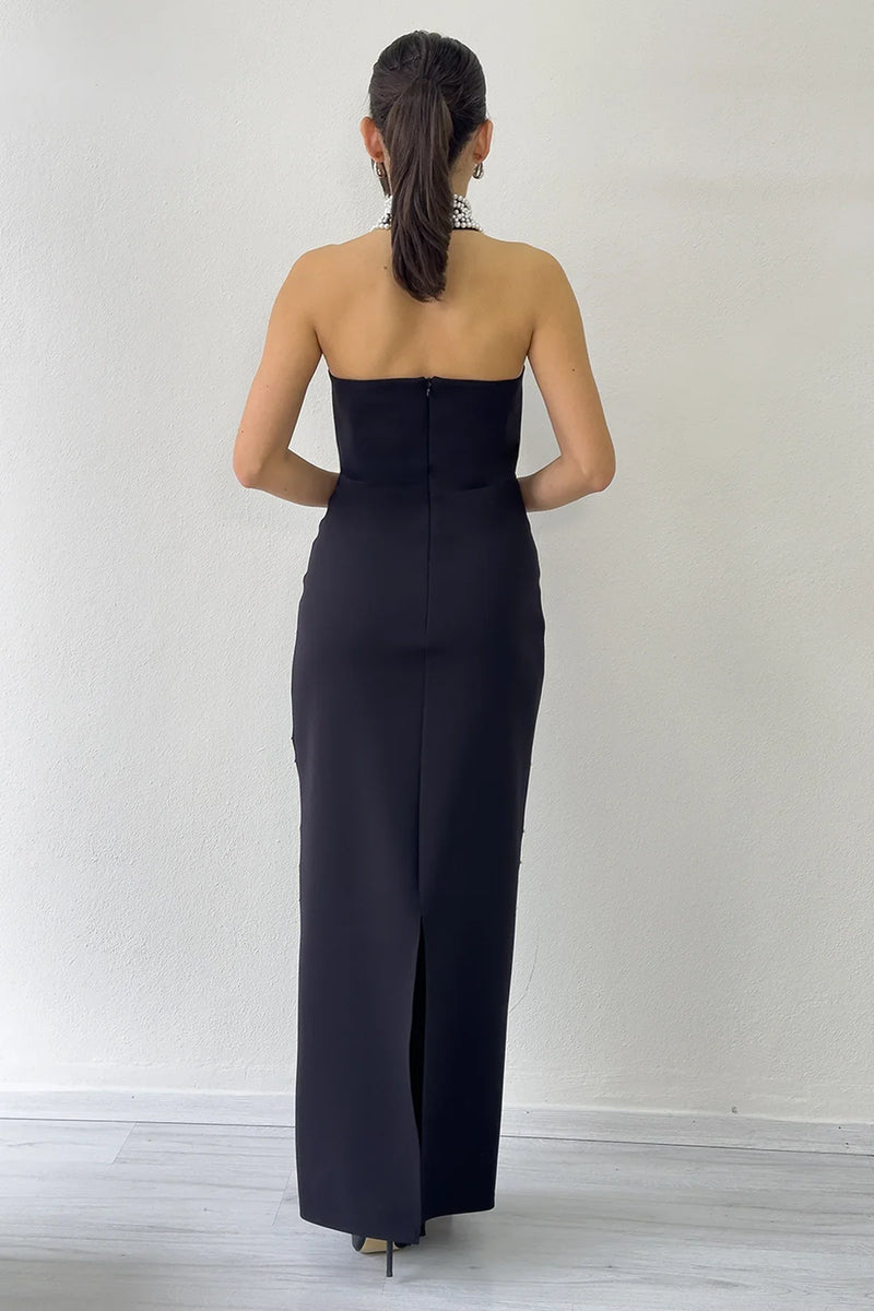 Kadın Siyah İncili Halter Yaka Abiye Elbise