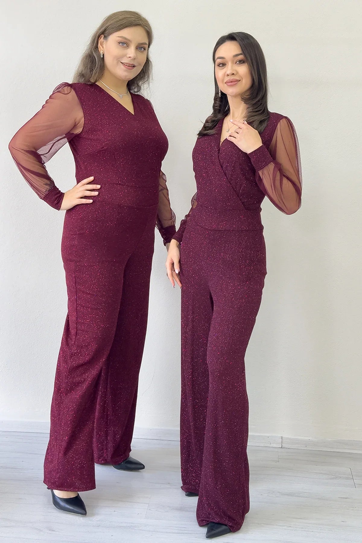 Bordo Simli Kruvaze Yaka Tül Kol Abiye Tulum Bordo Simli Kruvaze Yaka Tül Kol Abiye Tulum 