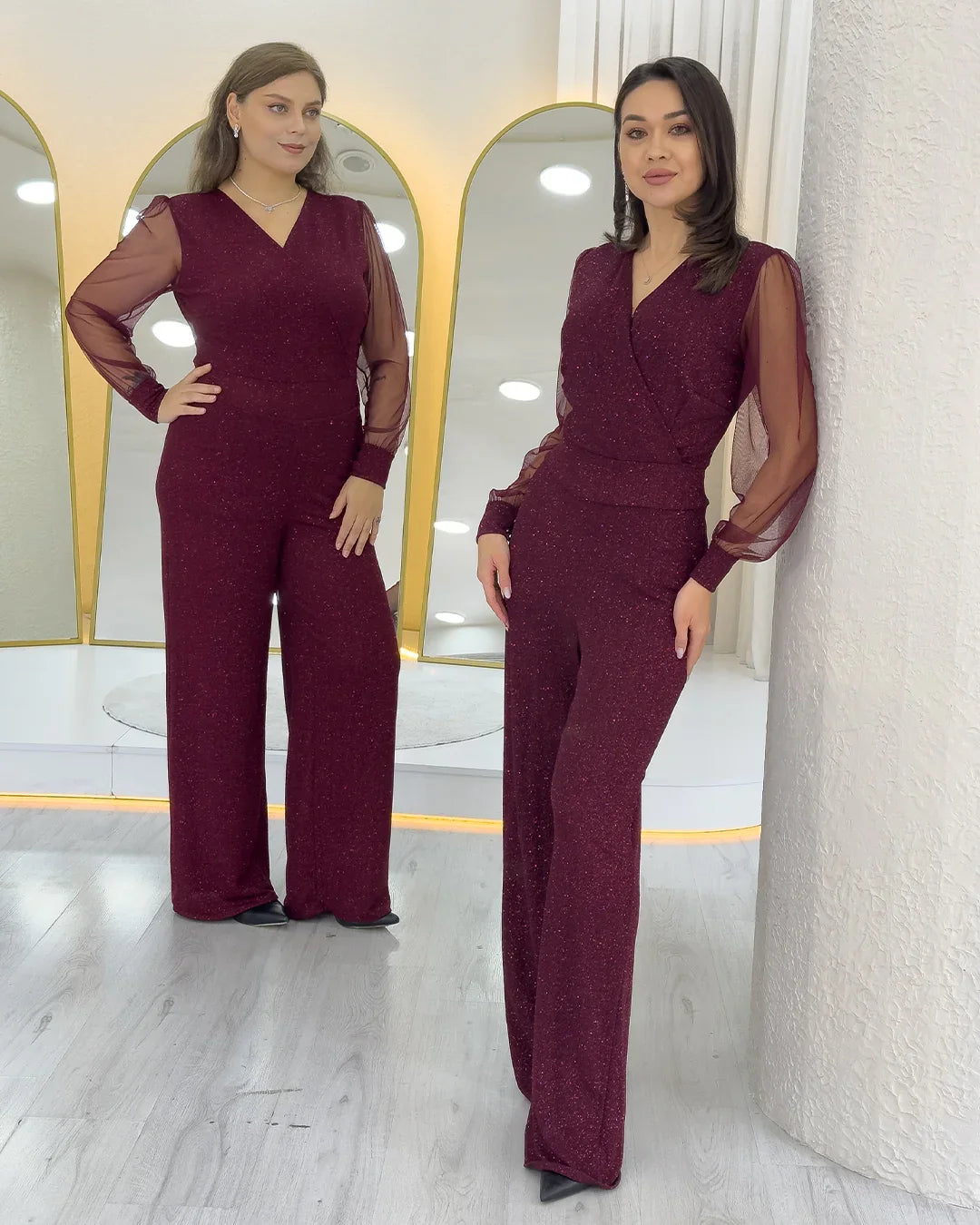 Bordo Simli Kruvaze Yaka Tül Kol Abiye Tulum 